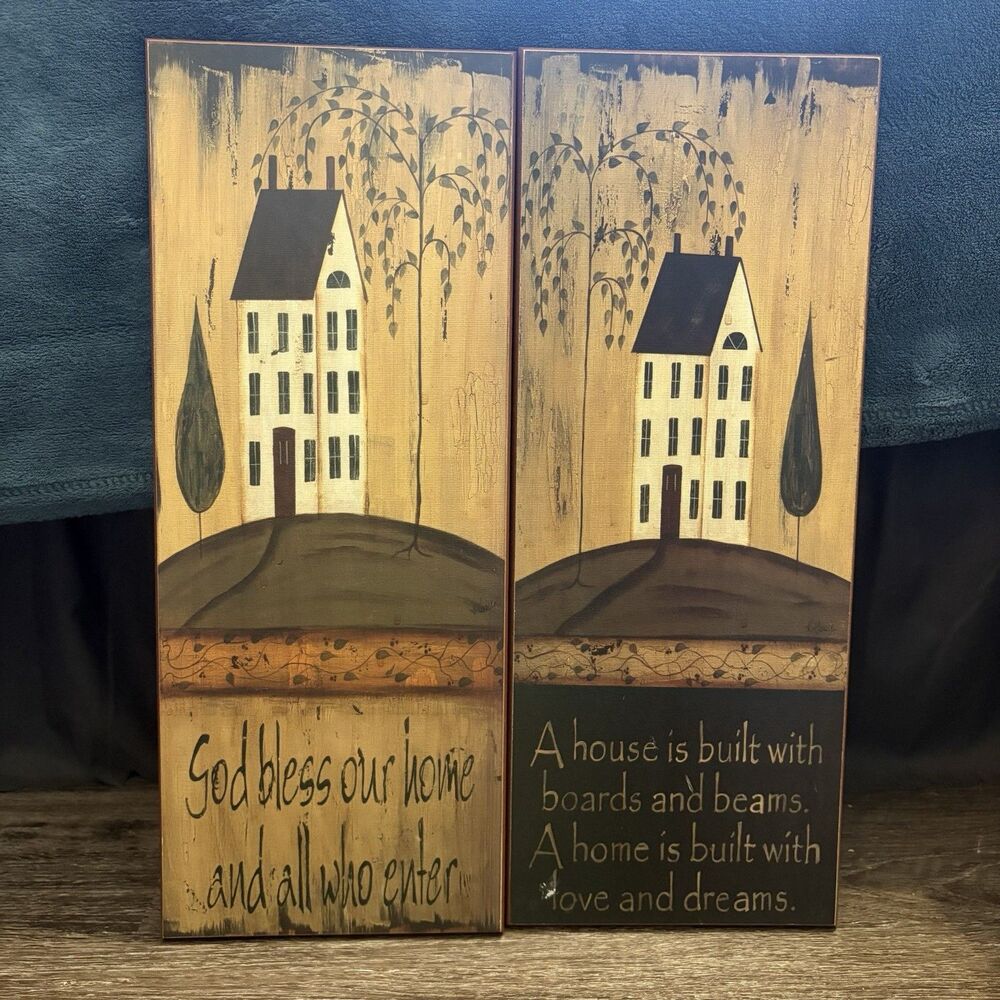Saltbox House Painted Sign Rustic Primitive Folk Art Wall Hanging God Bless 20x8